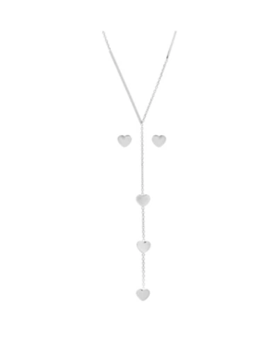 Shop Steeltime Ladies Stainless Steel Heart Design Drop Necklace Set, 2 Piece In Silver-plated