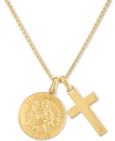 Shop Esquire Men's Jewelry St. Christopher & Cross 24" Pendant Necklace In 14k Gold-plated Sterling Silver, Created For Macy's In Gold Over Silver