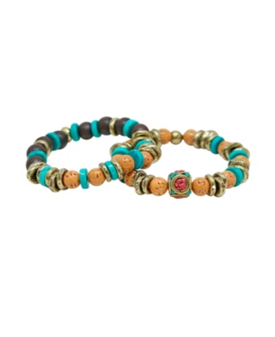 Shop Mr Ettika Turquoise, Wood And Brass Elastic Bracelet, Pack Of 2 In Multi