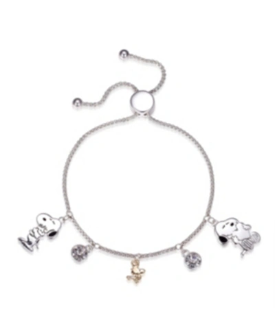 Peanuts "snoopy" And "woodstock" Crystal Adjustable Bolo Silver Plated Bracelet, Created For Macy's In Silver