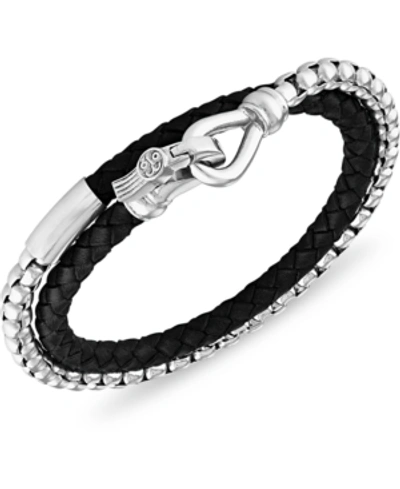 Shop Esquire Men's Jewelry Black Leather Double Wrap Bracelet In Stainless Steel (also In Brown Leather), Created For Macy's
