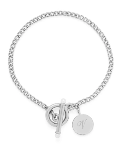 Shop Brook & York Stella Imitation Pearl Initial Toggle Bracelet In Silver V