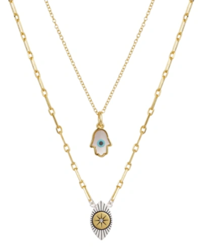 Unwritten 2 Pc. Set Hamsa Hand & Evil Eye Pendant Necklaces In Silver-plate & Gold-flash, 16" + 2" Extender In Gold