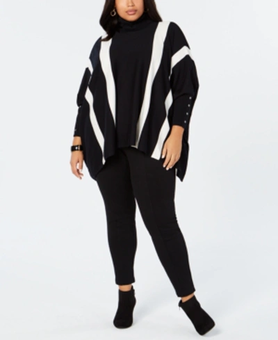 Shop Alfani Plus Size Striped Poncho Sweater, Created For Macy's In Black/cloud