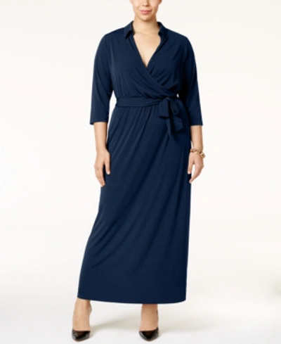 Shop Ny Collection Plus Size Faux-wrap Maxi Dress In Navy