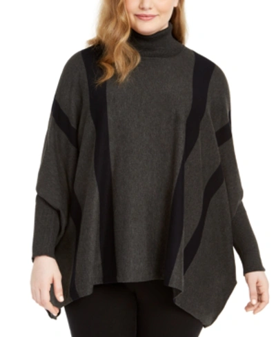 Shop Alfani Plus Size Striped Poncho Sweater, Created For Macy's In Coal Melenge/black