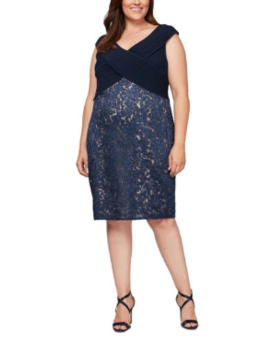 Shop Alex Evenings Plus Size Sequined Lace Crossover Dress In Navy