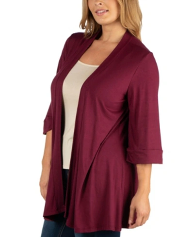 24seven Comfort Apparel Elbow Length Sleeve Plus Size Open Cardigan In Burgundy