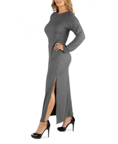 Shop 24seven Comfort Apparel Form Fitting Long Sleeve Side Slit Plus Size Maxi Dress In Gray