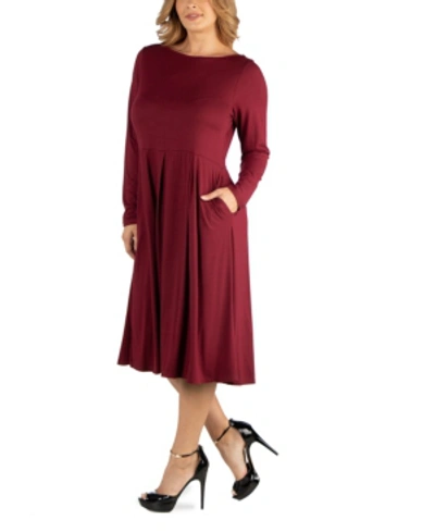 Shop 24seven Comfort Apparel Midi Length Fit N Flare Pocket Plus Size Dress In Dark Red