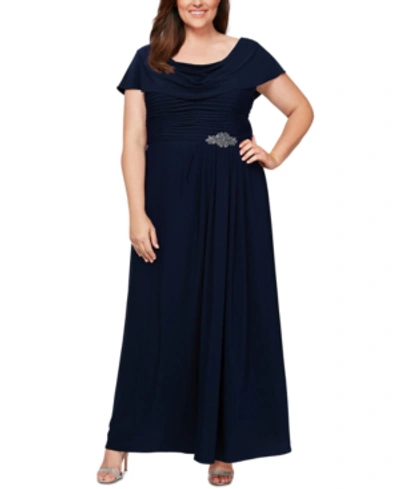 Shop Alex Evenings Plus Size Cowl-neck A-line Gown In Navy Blue