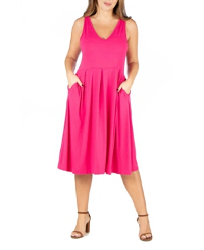 24seven Comfort Apparel Plus Size Midi Fit And Flare Pocket Dress In Pink