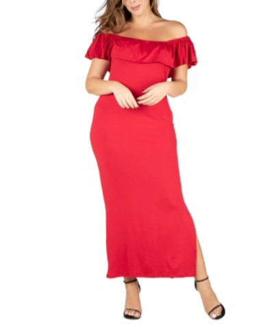 Shop 24seven Comfort Apparel Plus Size Ruffle Off The Shoulder Maxi Dress In Red