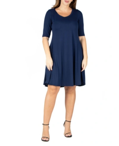 Shop 24seven Comfort Apparel Women's Plus Size Fit And Flare Elbow Sleeves Dress In Navy