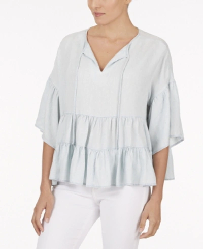 Shop Adyson Parker Plus Size Ruffle Tier Woven Top In Pale Chambray