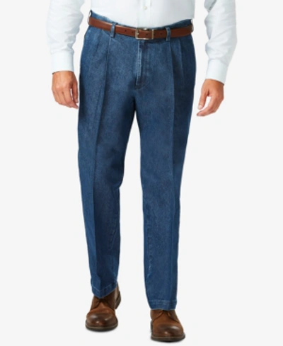 Shop Haggar Men's Big & Tall Stretch Denim Classic-fit Pleated Pants In Blue