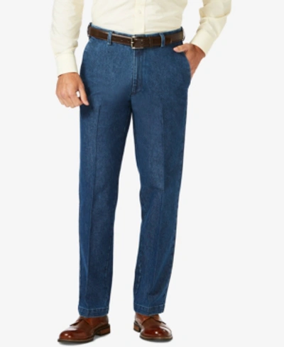 Shop Haggar Men's Stretch Denim Classic-fit Flat Front Pants In Med Stonewash