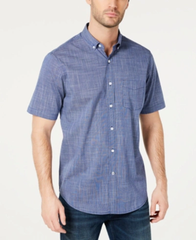 Shop Club Room Men's Texture Check Stretch Cotton Shirt, Created For Macy's In Navy Stone