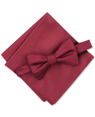 Shop Alfani Men's Solid Textured Pre-tied Bow Tie & Solid Textured Pocket Square Set, Created For Macy's In Burgundy