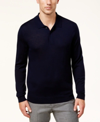 Shop Club Room Men's Merino Wool Blend Polo Sweater, Created For Macy's In Navy Blue