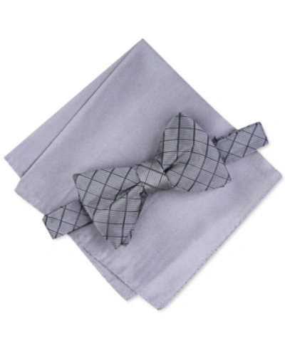Shop Alfani Men's Grid Pre-tied Bow Tie & Solid Pocket Square Set, Created For Macy's In Charcoal
