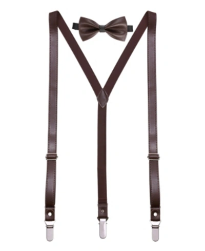 Shop Mio Marino Men's Suede Leather Suspenders Bow Tie Set In Dark Brown