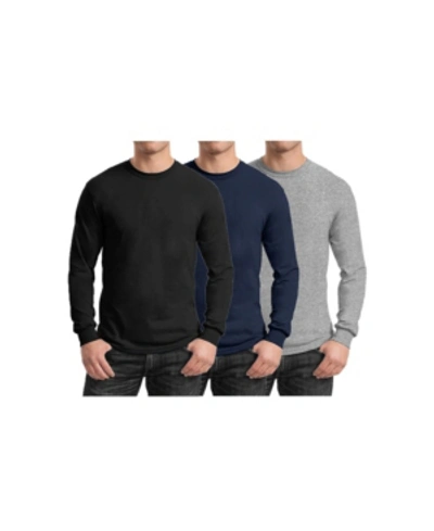 Shop Galaxy By Harvic Men's 3-pack Egyptian Cotton-blend Long Sleeve Crew Neck Tee In Black/navy/heather Gray