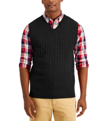 Shop Club Room Men's Cable-knit Cotton Sweater Vest, Created For Macy's In Deep Black