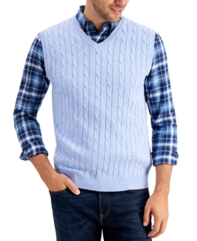 Shop Club Room Men's Cable-knit Cotton Sweater Vest, Created For Macy's In Blue Yonder Heather