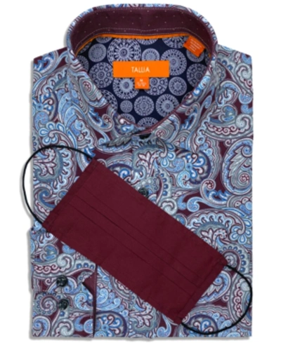 Shop Tallia Men's Slim-fit 4-way Performance Stretch Paisley-print Dress Shirt With Pleated Face Mask In Burgundy
