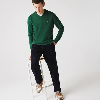 Shop Lacoste Men's V-neck Wool Sweater In Green
