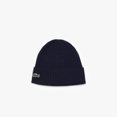 Shop Lacoste Unisex Ribbed Wool Beanie - One Size In Blue
