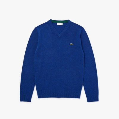 Shop Lacoste Men's V-neck Wool Sweater In Blue Chine