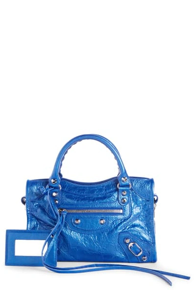Shop Balenciaga Mini City Metallic Leather Tote In Blue