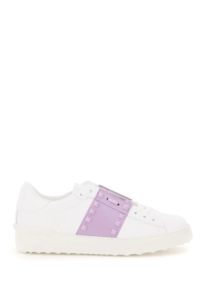 Shop Valentino Rockstud Untitled Sneakers In White,purple