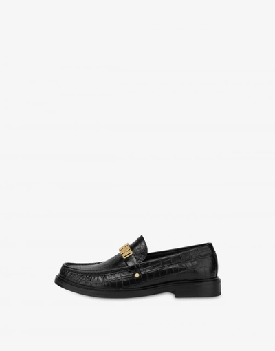 Shop Moschino Croco Calfskin Loafers In Black