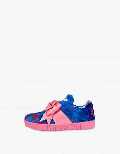 Shop Moschino Sneakers In Brocade Fabric Maxi Bow In Blu Royal