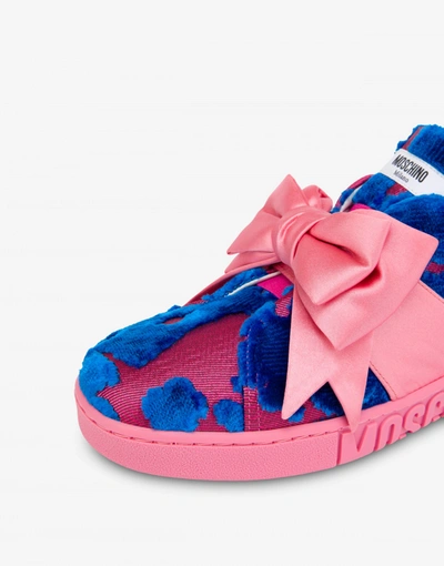 Shop Moschino Sneakers In Brocade Fabric Maxi Bow In Blu Royal