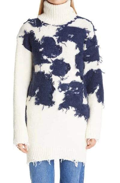 Shop Off-white Moo Distressed Intarsia Turtleneck Sweater In Beige Blue