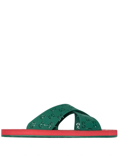 Shop Gucci Gg Supreme Print Flat Sandals In Green