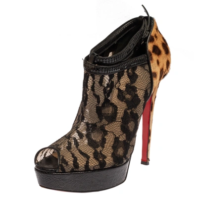 Pre-owned Christian Louboutin Black/brown Leopard Pony Hair And Lace Bridget Peep Toe Platform Ankle Strap Booties Size 40