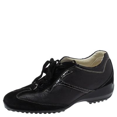 Pre-owned Tod's Black Leather Suede And Python Trim Lace Low Top Sneakers Size 36