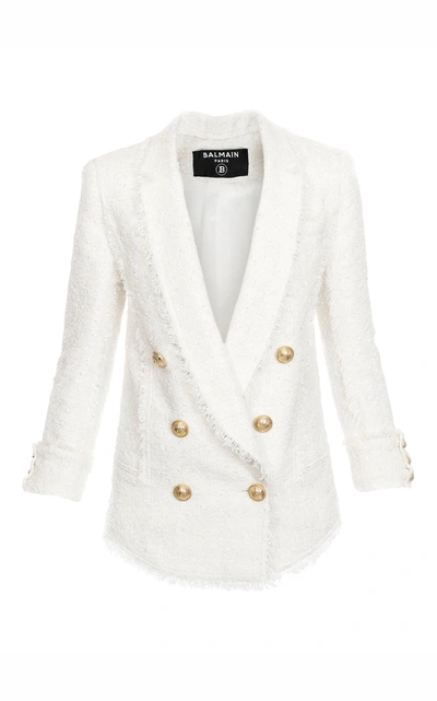 Shop Balmain Women's Frayed Tweed Blazer In White