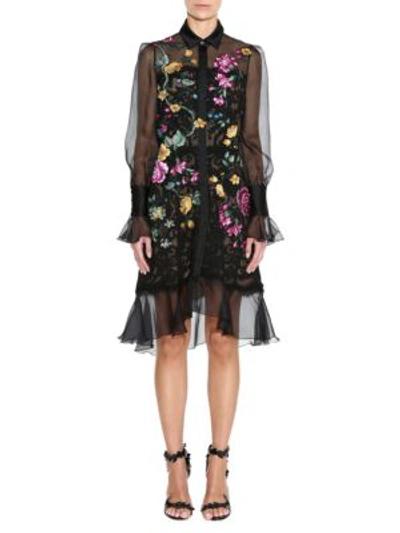 Shop Marchesa Damask Lace Floral Embroidered Shirtdress In Black