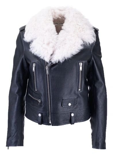Shop Saint Laurent Leather Jacket With Shearling In Black