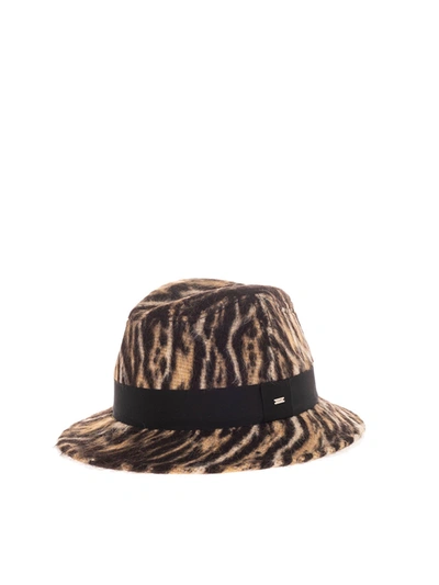 Shop Saint Laurent Animal Pattern Hat In Black And Brown In Beige