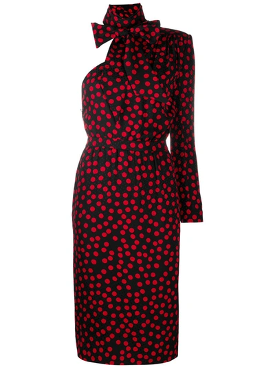 Shop Saint Laurent One-sleeve Polka Dot Dress In Black