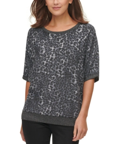 Shop Dkny Animal-print Short-sleeve Sweater In Heather Charcoal Multi