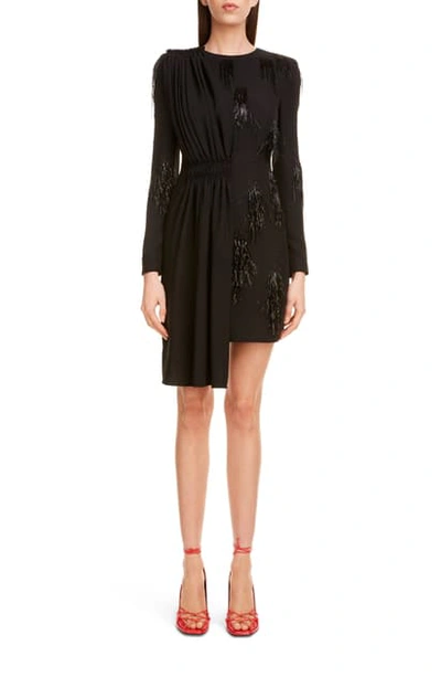 Shop Givenchy Fringe Embellished Long Sleeve Asymmetrical Minidress In Black
