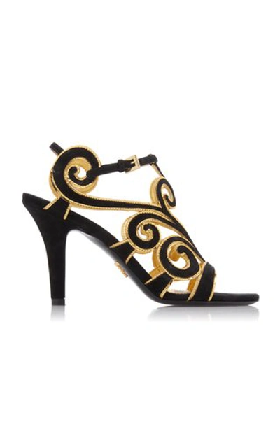 Shop Prada Suede Swirl Embroidered Sandals In Black